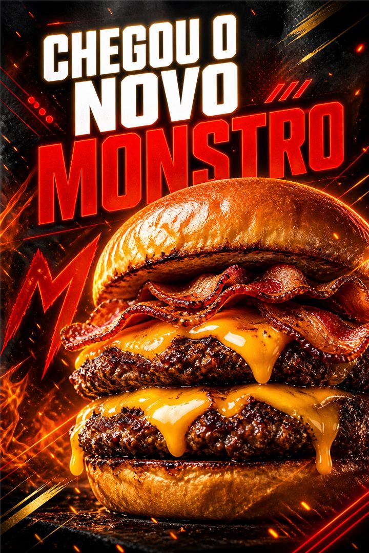 Arte de Feed com o título "Chegou o novo monstro" sobre um hambúrguer duplo com cheddar derretendo e bacon, em fundo escuro com faíscas vermelhas