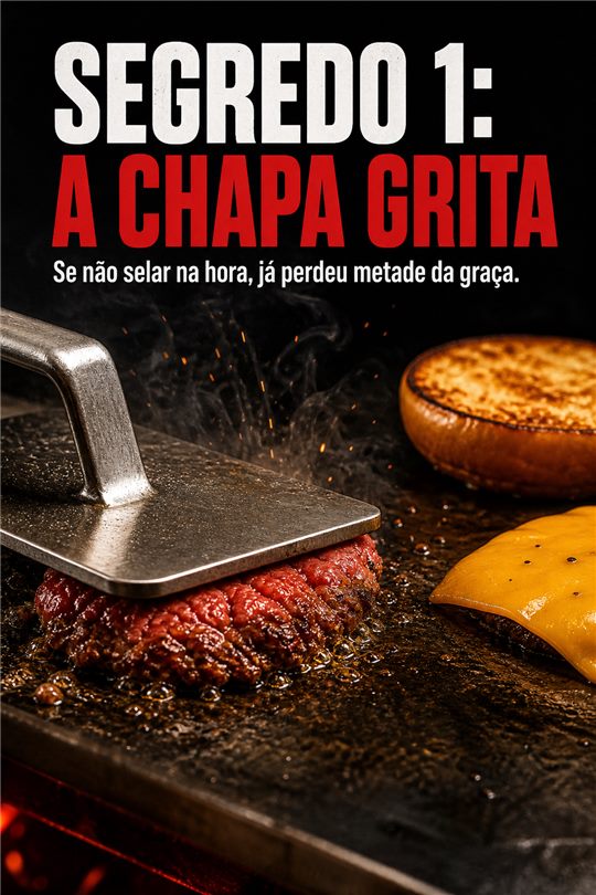 Slide 2 do carrossel: "Segredo 1: a chapa grita", espátula prensando o blend na chapa quente ao lado do pão e do cheddar