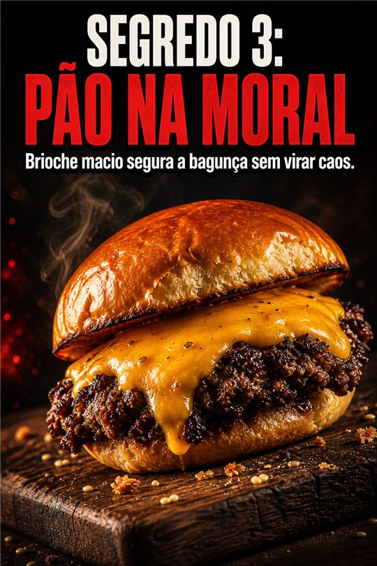 Slide 4 do carrossel: "Segredo 3: pão na moral", hambúrguer em pão brioche sobre uma tábua de madeira