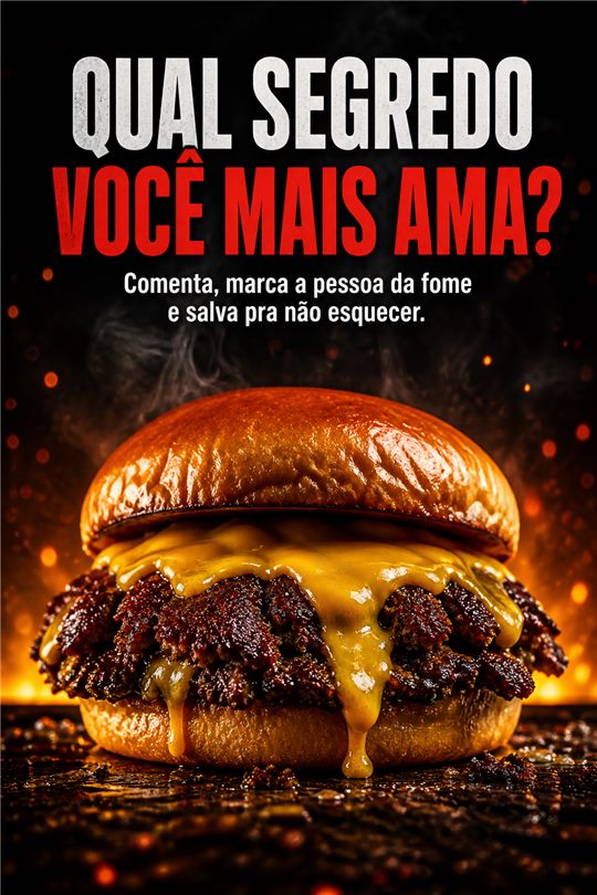 Slide 5 do carrossel: "Qual segredo você mais ama?", hambúrguer duplo com cheddar e o convite para comentar e salvar